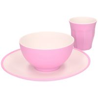 Set van 12x onbreekbare kunststof/melamine roze ontbijt bordjes/bekers en kommetjes