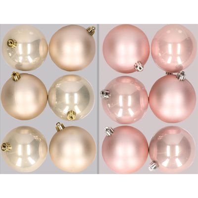 12x stuks kunststof kerstballen mix van champagne en lichtroze 8 cm