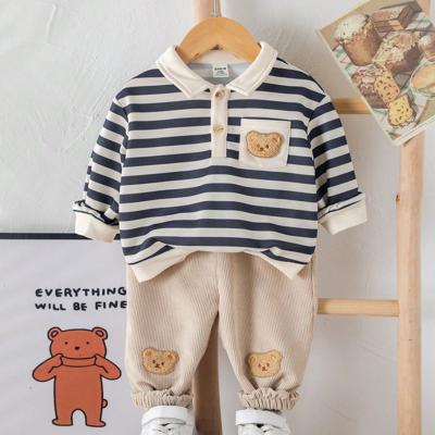 2pcs/Set Baby Boys/Girls Academy Style Striped Polo Sweatshirt And Relaxed Fit Fleece Pants Set, Soft & Comfortable For Casual, Home, School Wear, Autumn/Winter Khaki / 6-9M