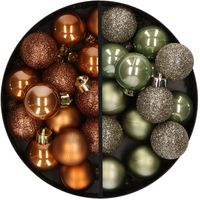 28x stuks kleine kunststof kerstballen legergroen en bruin 3 cm - thumbnail