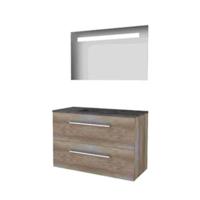 Basic-Line Economic 46 Badkamermeubelset - 100 x 46 cm - Met Grepen - 2 Lades - Hardstenen Wastafel - Zonder Kraangat - Spiegel met LED Verlichting - Scotch Oak