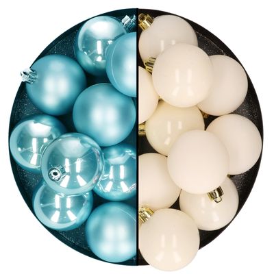Decoris - kerstballen 24x stuks - mix wol wit en ijsblauw - 6 cm - kunststof