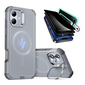 iPhone 16 Plus Cyber Tough Case with Stash Stand Privacy Protection Bundle Light Grey