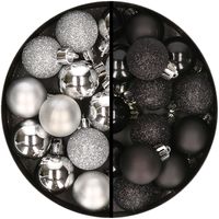 34x stuks kunststof kerstballen zilver en zwart 3 cm