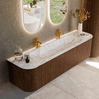 Badmeubel Mondiaz Kurve-Dlux | 170 cm | Meubelkleur Walnut | Wastafelkleur Glace | Solid surface | Midden spoelbak | 2 kraangaten