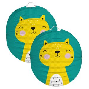 Lampion kat/poes - 2x - 22 cm - blauw - papier