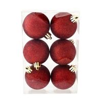 6x Donkerrode glitter kerstballen 6 cm kunststof - thumbnail