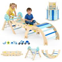 Driehoekige Klimset Helling & Klimmer Houten Speelgoed voor Baby's Montessori-speelgoed met Blokken & Doolhofspel Blauw