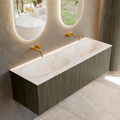 Badmeubel Mondiaz Kurve-Dlux | 140 cm cm | Meubelkleur Shadow | Wastafelkleur Frappe | Solid surface | Wasbak beiden zijden spoelbak | Zonder kraangat(en)