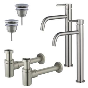 Fortifura Calvi Slim Wastafelkraanset - voor dubbele wastafel - verhoogde wastafelkraan - always open plug - verlaagde design sifon - Geborsteld RVS PVD (RVS) 2x SW377859/2x SW696207/2x SW696217