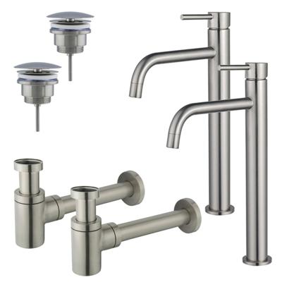 Fortifura Calvi Slim Wastafelkraanset - voor dubbele wastafel - verhoogde wastafelkraan - always open plug - verlaagde design sifon - Geborsteld RVS PVD (RVS) 2x SW377859/2x SW696207/2x SW696217