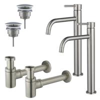 Fortifura Calvi Slim Wastafelkraanset - voor dubbele wastafel - verhoogde wastafelkraan - always open plug - verlaagde design sifon - Geborsteld RVS PVD (RVS) 2x SW377859/2x SW696207/2x SW696217