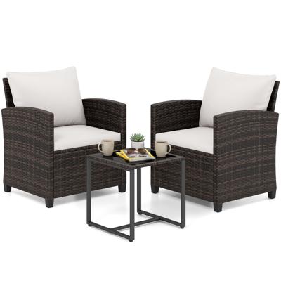 3-Delige Tuinmeubelset 2 Gestoffeerde Fauteuils met een Salontafel van Gehard Glas(Bruin Rietwerk)-Beige