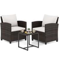 3-Delige Tuinmeubelset 2 Gestoffeerde Fauteuils met een Salontafel van Gehard Glas(Bruin Rietwerk)-Beige