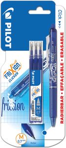 Pilot gelroller Frixion Ball Clicker, blister van 4 stuks (1 gelroller + 3 vullingen), blauw