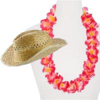 Carnaval verkleed set - Tropische Hawaii party - stro beach hoed - met roze bloemenslinger - thumbnail