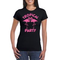 Toppers - Tropical party T-shirt voor dames - met glitters - zwart/roze - carnaval/themafeest