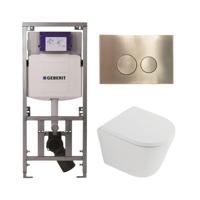 QeramiQ Dely Toiletset - 36.3x51.7cm - diepspoel - rimless - Geberit UP320 inbouwreservoir - softclose toilet zitting 35 mm - geborsteld messing bedieningsplaat - ronde knoppen - mat wit SW1026254/SW1000767/0701131/SW706200