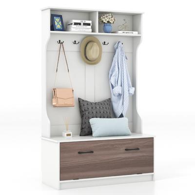 Kapstok met Zitbank en 5 Dubbele Haken Garderobe met Open Vakken en Schoenenkast Halgarderobe voor Entree Slaapkamer (Wit)