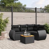 5-delige Loungeset met kussens poly rattan zwart