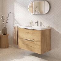 Saqu Lima badmeubel incl. glans witte wastafel 60x51x64cm eiken marcato - rvs greep