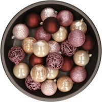 Kerstballen 37x stuks roze/donkerrood/champagne kunststof 6cm