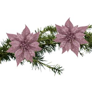 Decoratie bloem - 2x stuks - kerstster - op clip - roze - glitter -18 cm - kunststof - kerstversieri