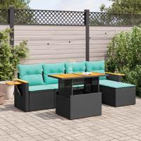 6-delige Loungeset met kussens poly rattan acacia zwart