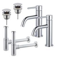 Fortifura Calvi Slim Wastafelkraanset - voor dubbele wastafel - lage wastafelkraan - klikwaste plug - design sifon - Chroom 2x SW377812/2x SW696203/2x SW696214