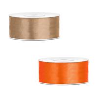 Bellatio decorations 2x rollen satijn cadeaulint/sierlint - 2.5 cm x 25 meter - oranje en goud