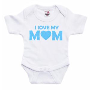 Bellatio Decorations Baby rompertje - i love my mom - blauw - glitter - kraam cadeau 92 (18-24 maanden)  -