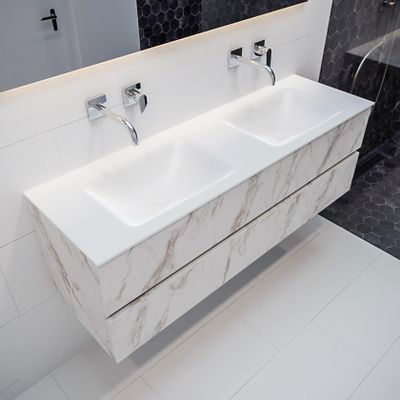 Mondiaz Vica Cloud badmeubel wit carrara mat 150 cm 2 lades solid surface dubbele spoelbak zonder kraangat
