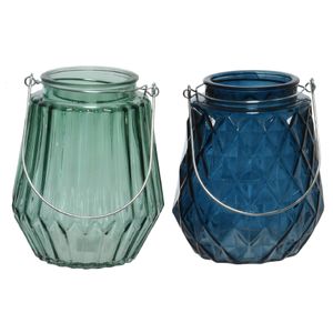 Set van 2x stuks theelichthouders/waxinelichthouders glas zeegroen en donkerblauw 11 x 13 cm