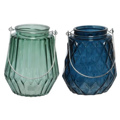 Set van 2x stuks theelichthouders/waxinelichthouders glas zeegroen en donkerblauw 11 x 13 cm