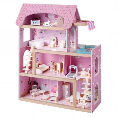 Kinderen Houten Poppenhuis met 33 Meubels DIY Speelhuis met Balkon & Zwembad Poppenhuis Roze