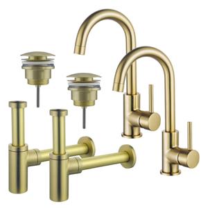 Fortifura Calvi Wastafelkraanset - voor dubbele wastafel - hoge wastafelkraan - draaibare uitloop - klikwaste plug - design sifon - Geborsteld Messing PVD (Goud) 2x SW809349/2x SW696202/2x SW696213