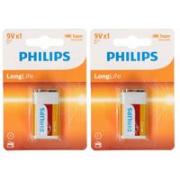 Philips 9V Long life batterij - 2x - alkaline - 9 Volt blokbatterijen - batterij 9v blok - thumbnail