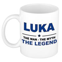 Luka cadeau mok - man myth legend - naam koffiemok / beker - wit en blauw - 300 ml