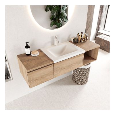 Mondiaz Bukla 140cm badmeubel met open module 40 rechts kleur washed oak 2 lades wastafel midden 1 kraangat kleur talc