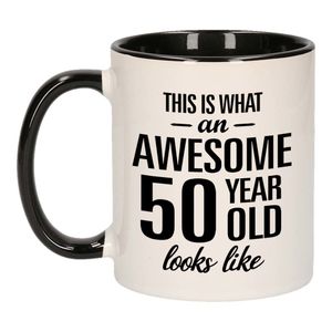 Awesome 50 year old mok / beker zwart wit 300 ml - Verjaardag mokken   -