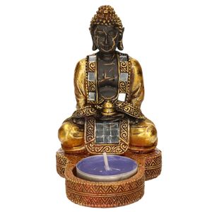 Indische boeddha theelichthouder goud/zwart 12 cm