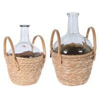 Set van 2x flesvazen glas transparant met gevlochten rieten mand 27 en 31 cm