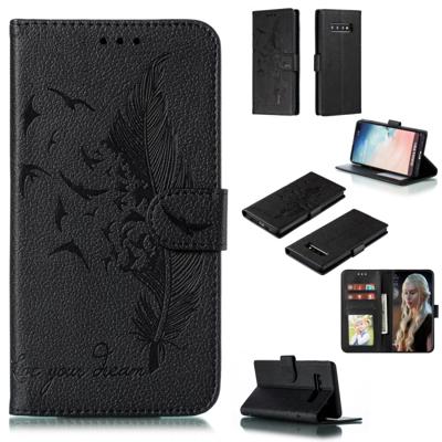 Feather patroon Litchi textuur horizontale Flip lederen draagtas met portemonnee & houder & kaartsleuven voor Galaxy S10 PLUS (zwart)