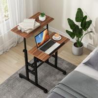 Mobiele Sta-bureau in Hoogte Verstelbare Laptoptafel met Gedeeld Blad & Verstelbare Hoek Verrijdbaar Bureau voor thuiswerken Zwart + Walnoot