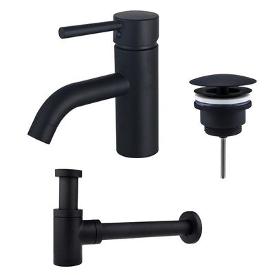 Fortifura Calvi Wastafelkraanset - lage wastafelkraan - always open plug - verlaagde design sifon - Mat zwart SW377833/SW696205/SW696215