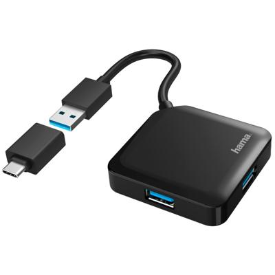 HamaUSB-hub, 4-poorts, USB 3.2 Gen1, 5 Gbit/s, incl. USB-C-adapter USB Hub Zwart