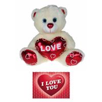 Kruger Pluche knuffelbeer - 60 cm - wit/rood - Valentijn Love hartje - hartjes wenskaart