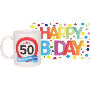 Verjaardag cadeau mok/beker 50 jaar print 300 ml + A5-size wenskaart Happy Birthday