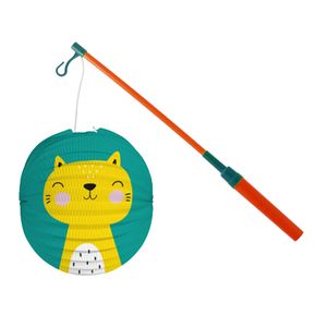 Bol lampion kat/poes - blauw - 22 cm - papier - met lampionstokje - 40 cm