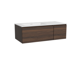 Storke Edge zwevend badmeubel 110 x 52 cm notenhout met Mata asymmetrisch linkse wastafel in solid surface mat wit